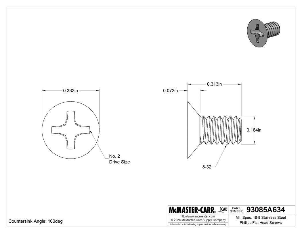 Technical Drawing of Mil. Spec. 18-8 Stainless Steel Phillips Flat Head Screws, 100 Degree Countersink Angle, 8-32 Thread Size, 5/16" Long.